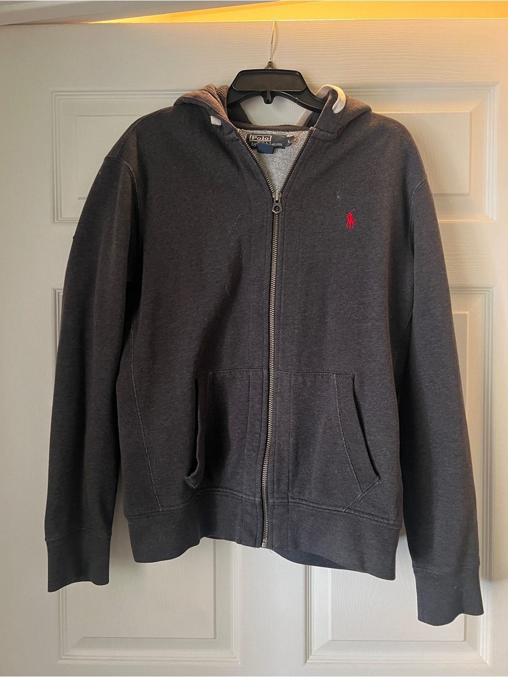 Ralph Lauren Charcoal Zip-Up Hoodie with Red Polo Logo